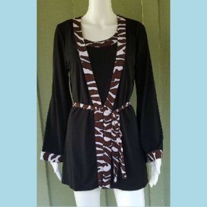 SPIEGEL Black Slinky Twin Set Tank Tie Cardigan Top Jacket Small S Tiger Trim